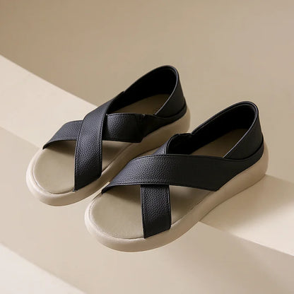 Sandalia Ortopédica Cruzada - Zapatos para caminar: sandalias sencillas de punta abierta, punta redonda, suela gruesa, versátiles, planas, para mujer.